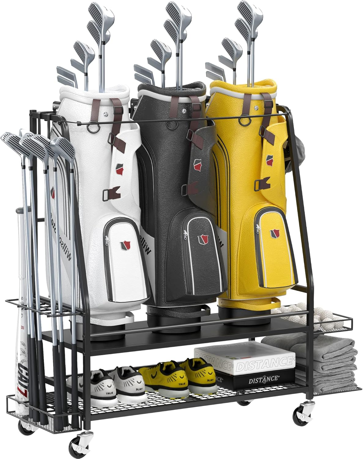 Golf Bag Storage Garage Organizer for 3 Golf Bags - Golf Bag Storage Rack for Garage - Golf Bag Organizer with 2 Side Shelves, Clubs Holder and Wheels - Golf Organizer for Golf Accessories