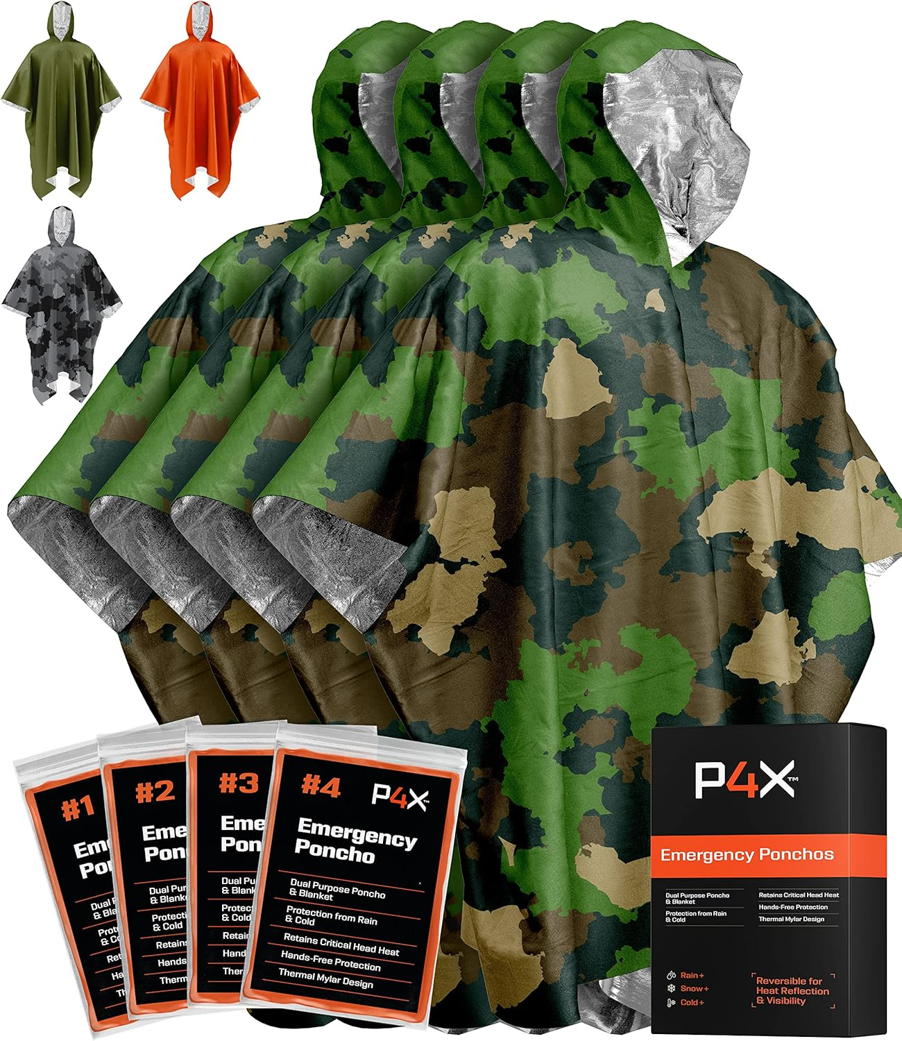 PREPARED4X Emergency Rain Poncho with Mylar Blanket Liner - Survival Blankets for Car - Heavy Duty, Waterproof Camping Gear, Tactical Prepper Supplies&ndash;