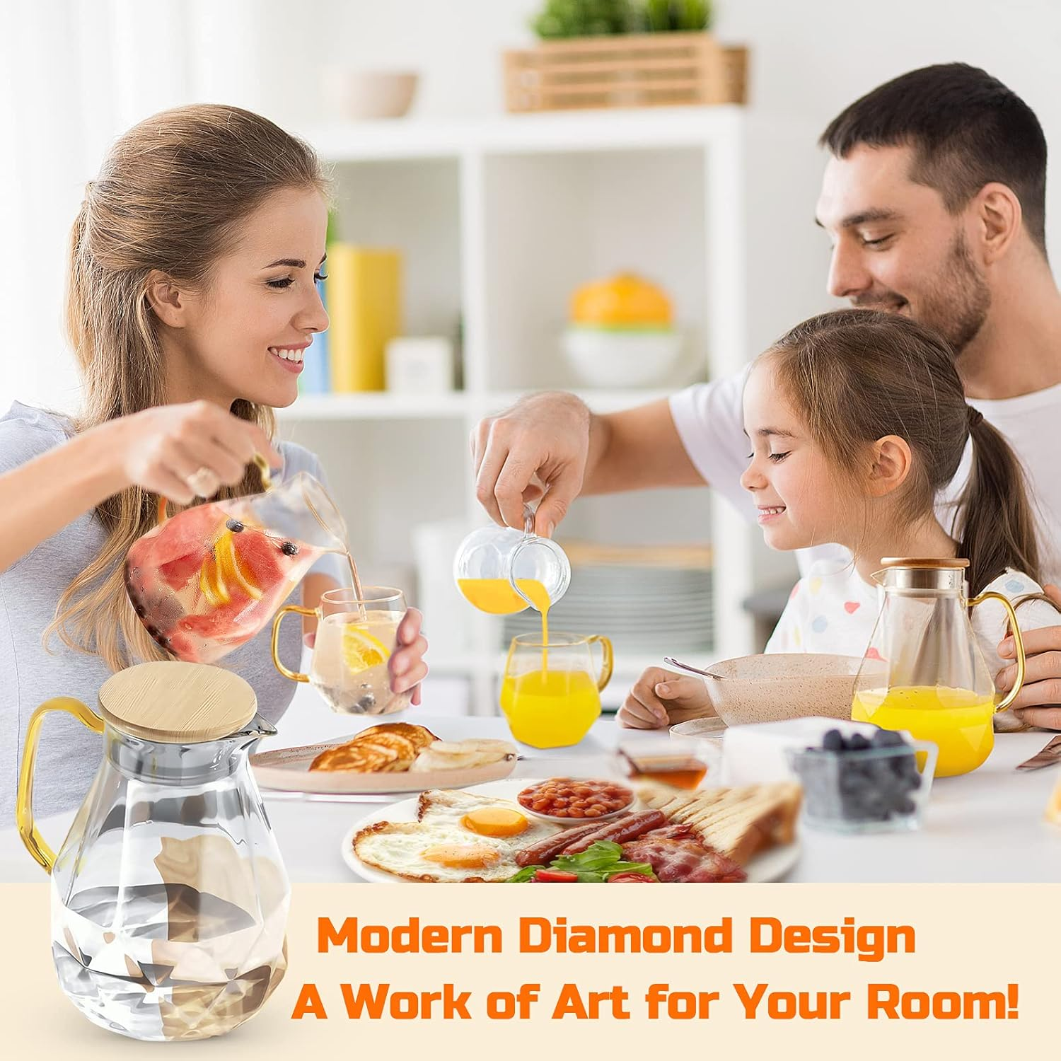 DUJUST Glass Pitcher with Lid [68 Oz], Elegant Diamond Design Water Pitcher with Handle, Decoration for Room, High Durability Water Glass Carafe for Ice Tea Maker, Beverage, Hot/Cold Coffee - 1 Glass Pitcher (Golden Lid) image number 5