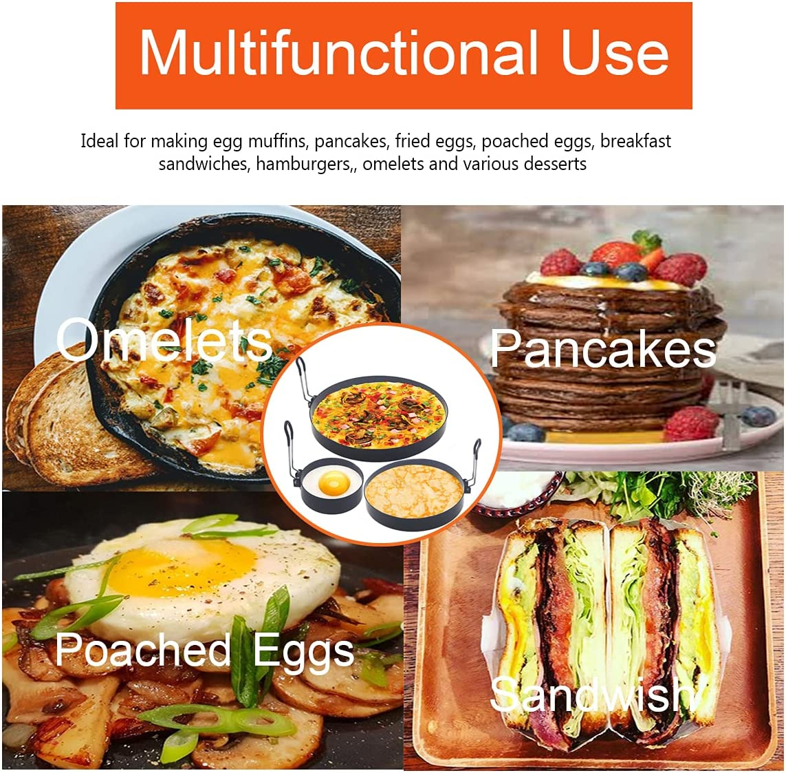 Stainless Steel Egg Cooker Set - 8" Omelette Ring, 6" Pancake Ring, 4" Griddle Egg Ring - Non-Stick, Upgrade Large 3 Packs Egg Cooking Rings with Oil Brush & Egg Separator image number 1