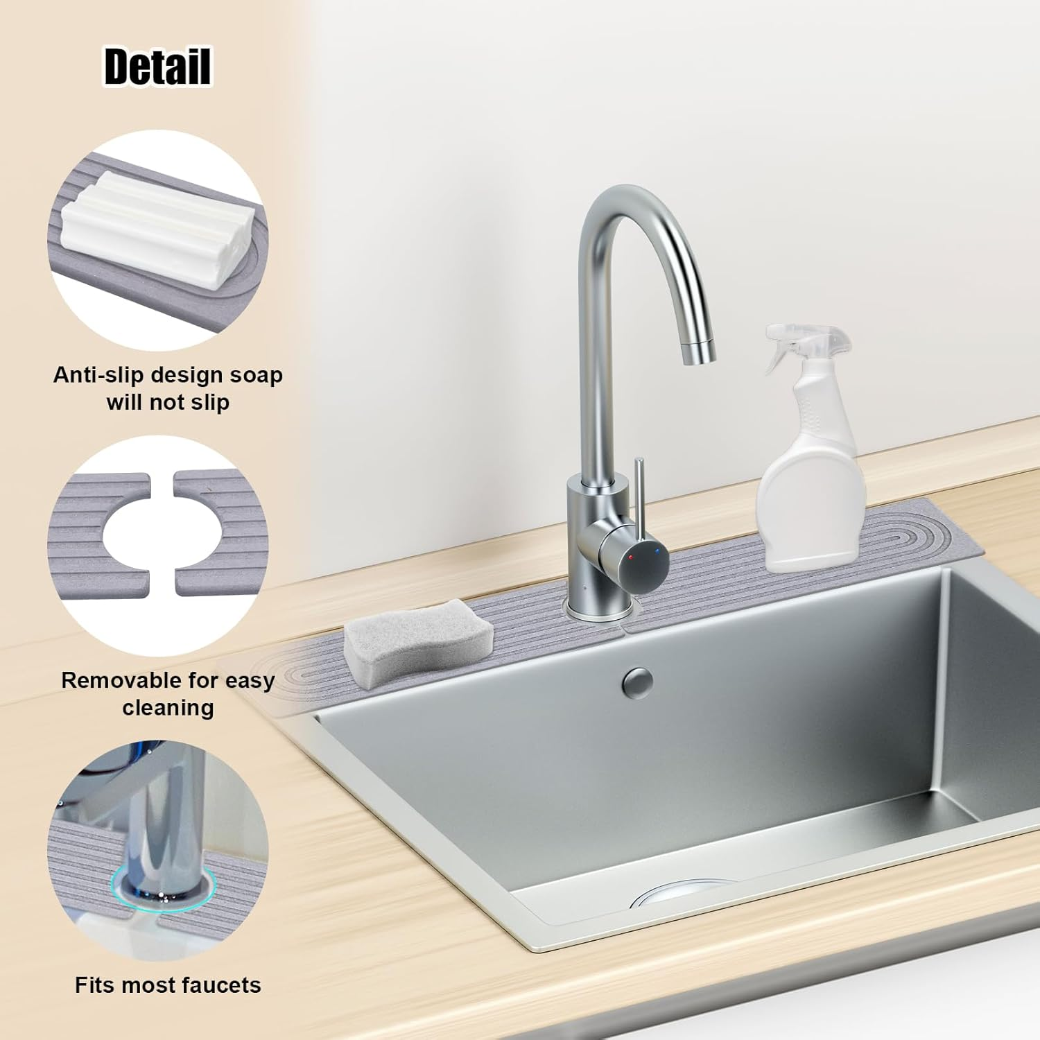Kitchen Sink Faucet Mat, Square Edges 24 "Long Diatomaceous Earth Quick Drying Stone Tray Super Absorbent Build-Up Bathroom Diatom Mud Instant Water Absorbing Counter Faucet Splash Guard (Light Gray) image number 2