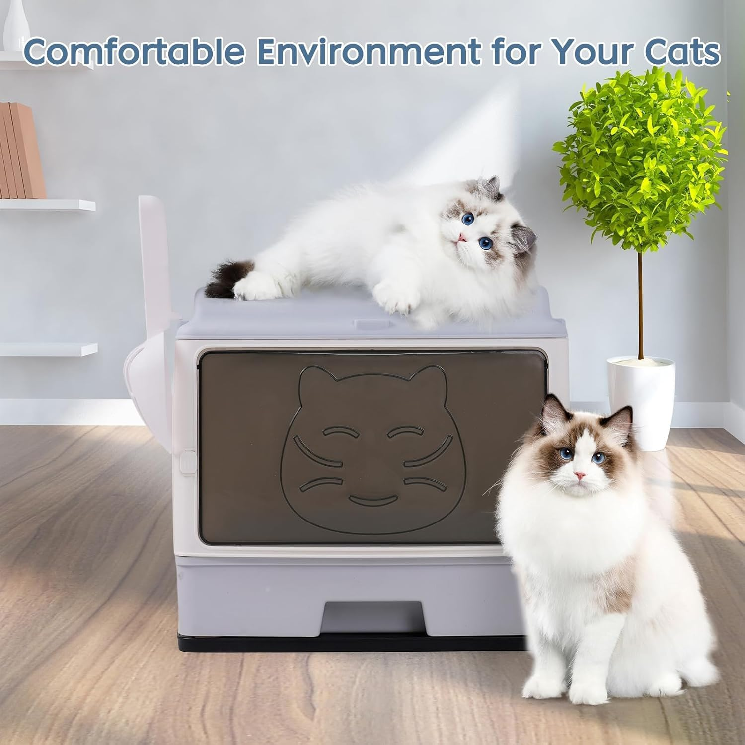 Large Enclosed Cat Litter Box with Lid &ndash; Foldable Hooded Odorless Cat Toilet with Litter Scoop, Self Groomer Deodorizer Filter, Front Entry & Top Exit, Easy to Clean and Install