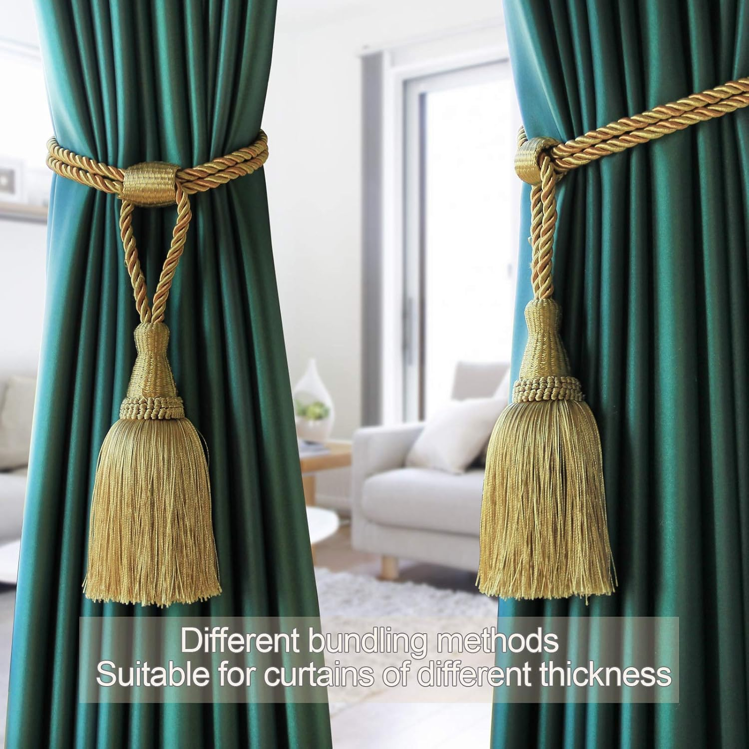 Fenghuangwu Curtain Tiebacks Handmade Elegant Curtain Tie Backs Holdbacks with Tassel for Home Office Decor 2 Pack - Gold image number 5
