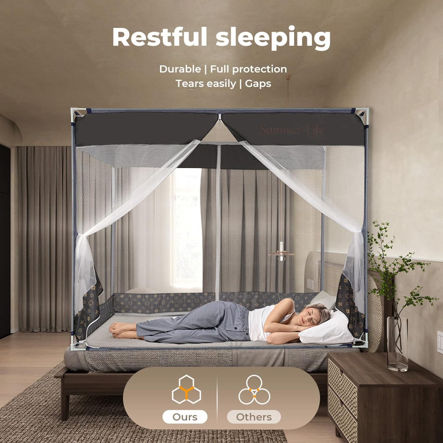 Dreamz Mosquito Net Bed Canopy-Foldable, 360&deg; Insect Protection, Dual-Sided Entry with Three-Way Zipper for Camping Home Use(Queen, Grey) image number 6