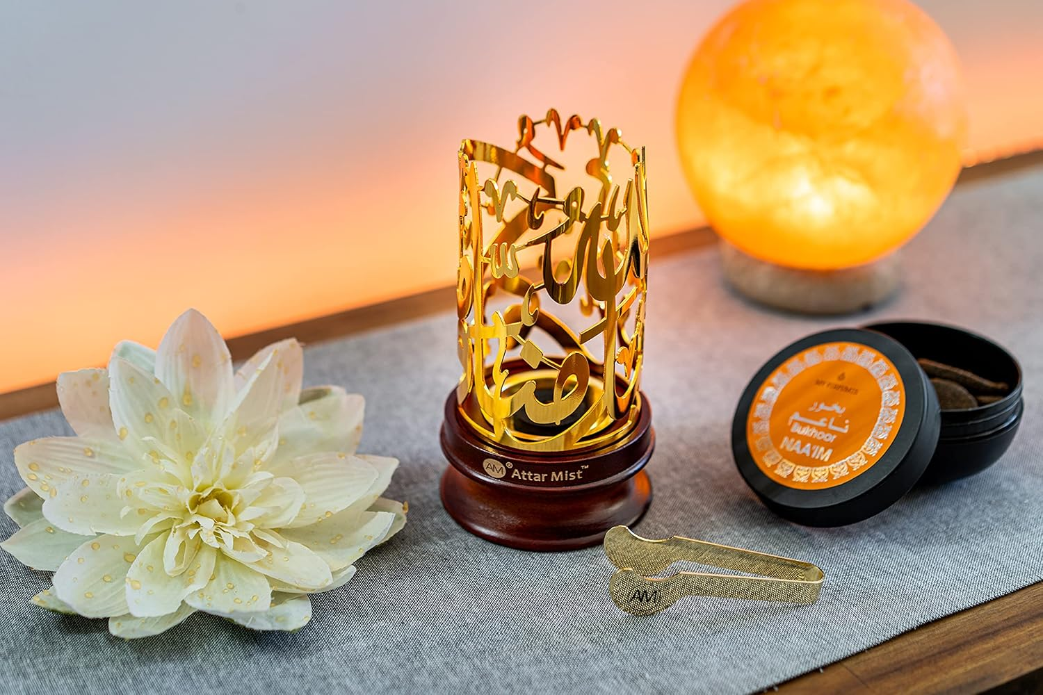 AM Bakhoor Calligraphy Incense Burner - Metalic Resin Cone Holder | Wooden Base | Frankincense Charcoal Burner (Mabkhara) | Spiritual Gifts for Office & Home Decor (Gold) image number 1