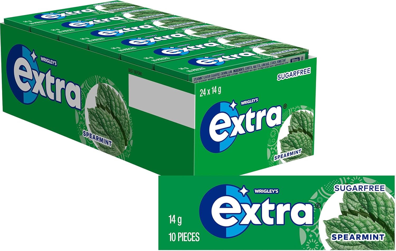 Extra Spearmint, Sugar Free Chewing Gum Pellets, 24 Packets with 10 Pieces