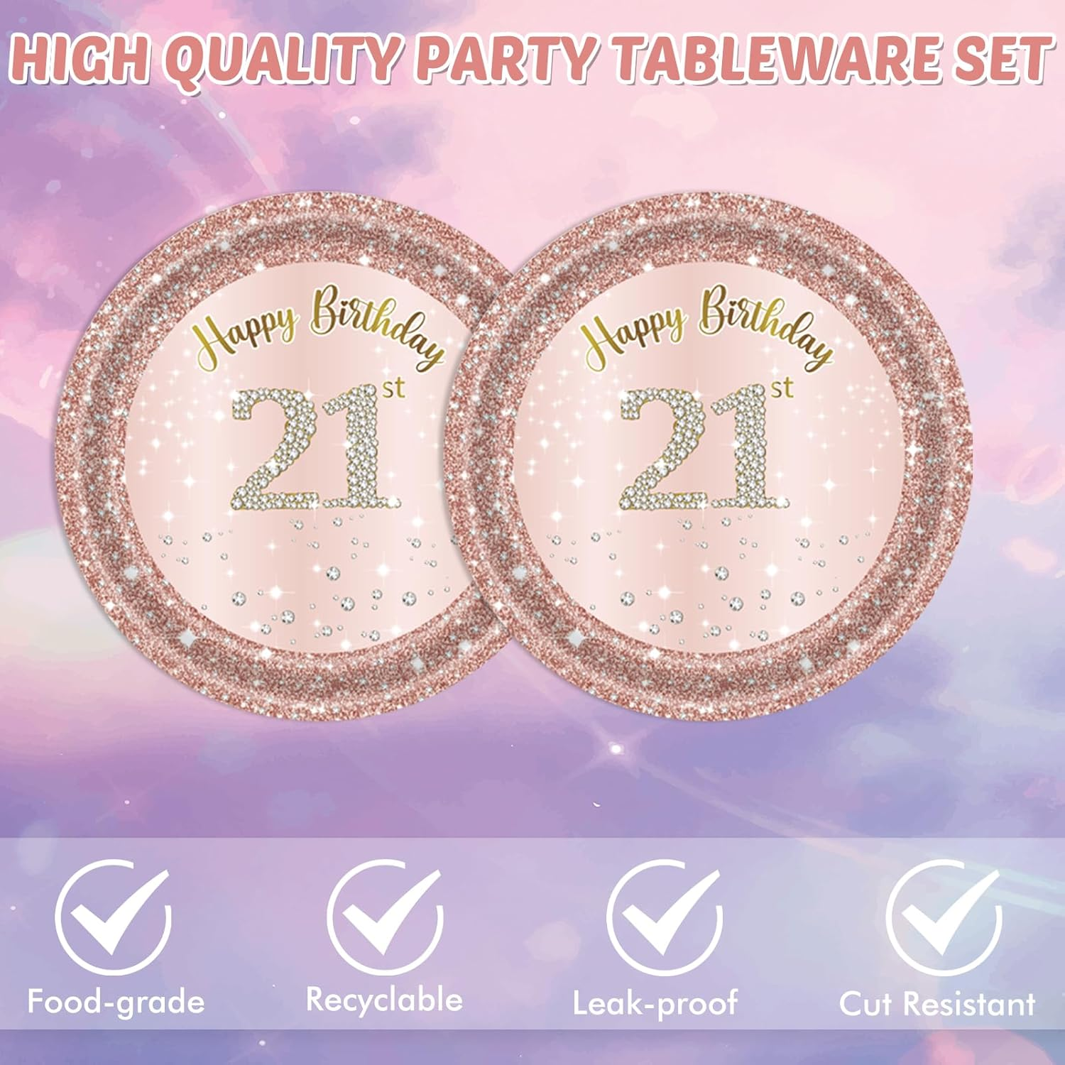 21St Birthday Rose Gold Party Supplies Rose Gold Birthday Supplies Plates and Napkins Happy 21 Birthday Disposable Tableware Party Supplies for Girls Women image number 3