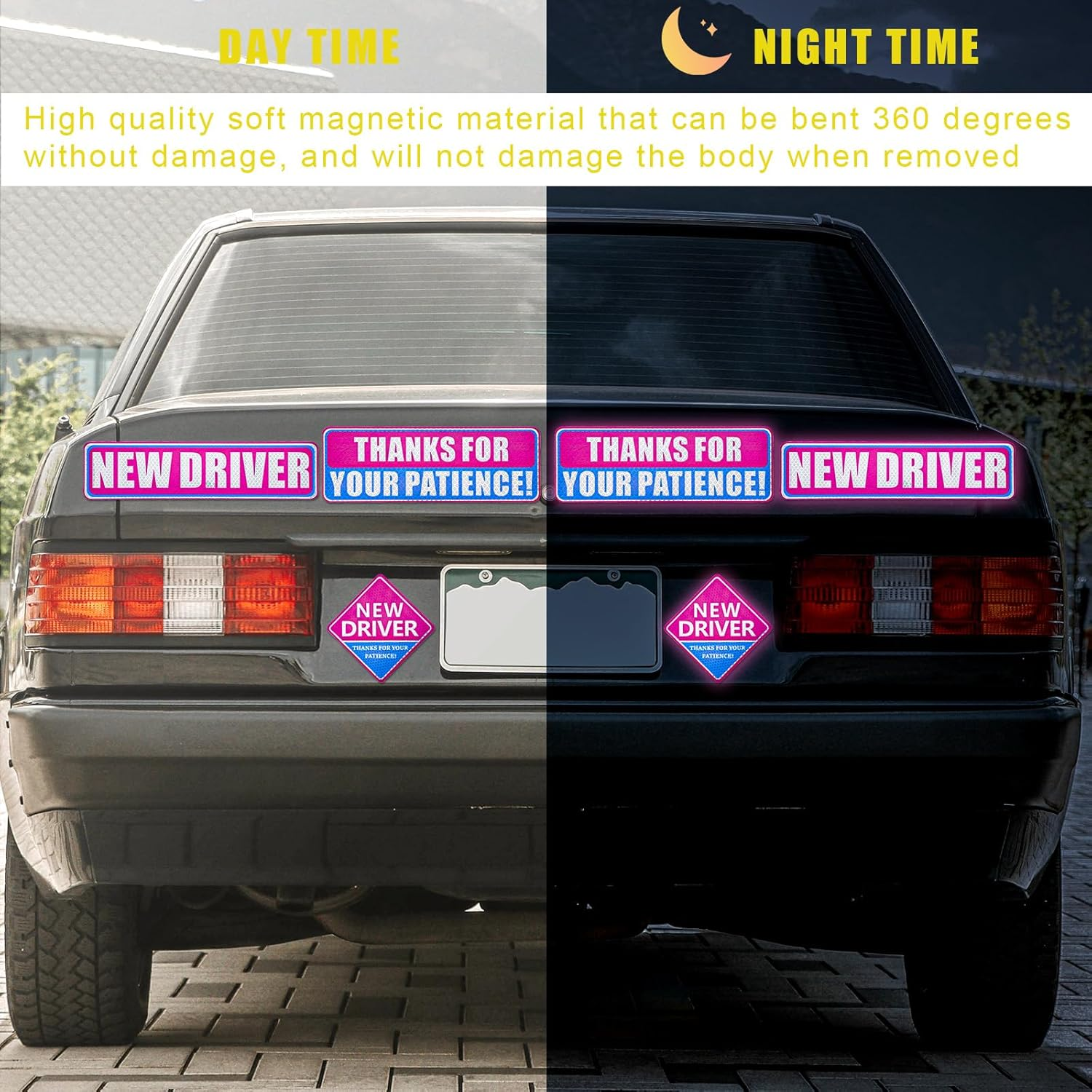 3Pcs New Driver Magnet for Car, Thanks for Your Patience Student Driver Sticker Magnetic Reflective Bumper Stickers Novice Driver Road Safety Sign New Driver Decal for Car (Pink, Blue) image number 3