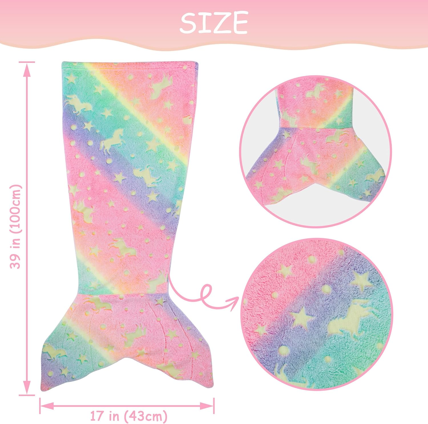 Kids Glow in the Dark Mermaid Tail Blanket - Unicorn Gifts for Girls, Soft Flannel Fleece with Rainbow Ombre Fish Scale Design, 100 X 43 Cm image number 5