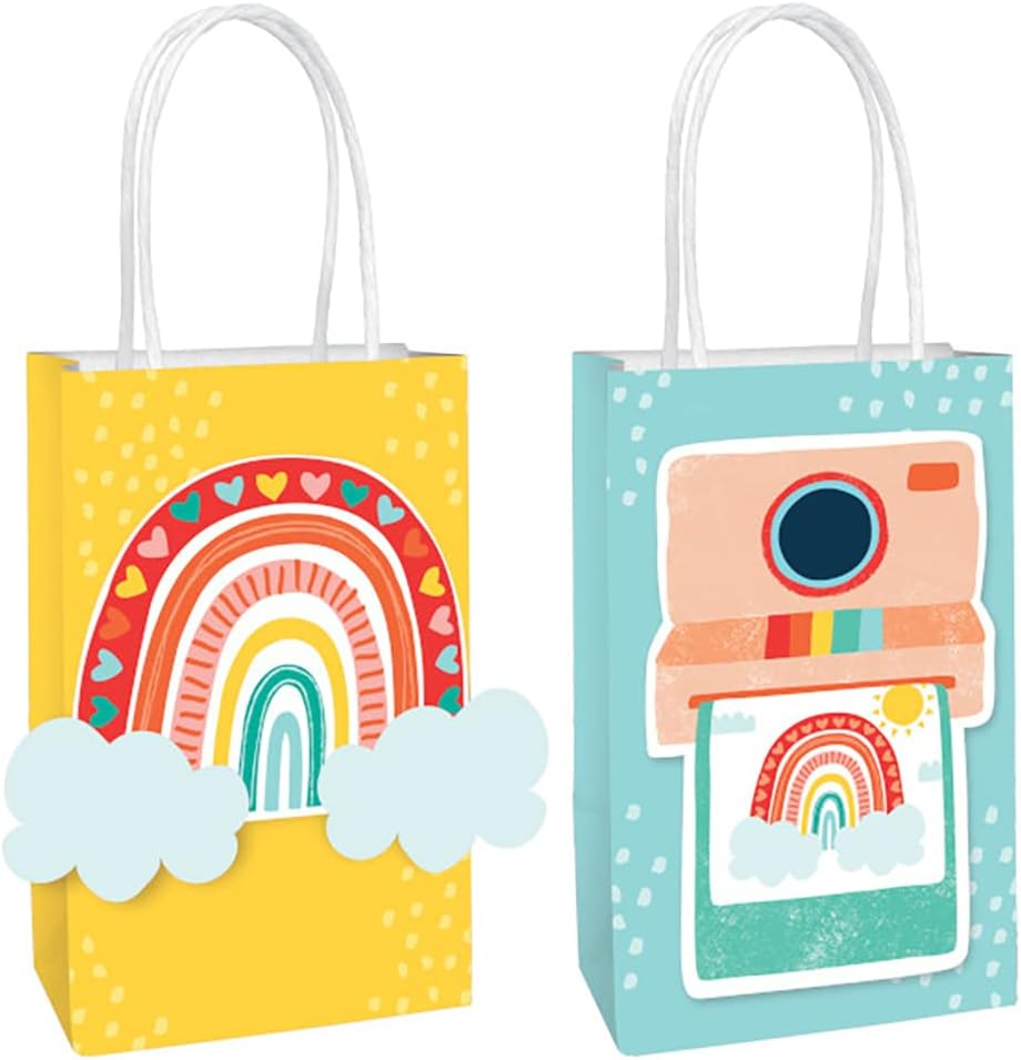 Amscan Multicolor Retro Rainbow Printed Paper Kraft Bags - 8.5" X 5.25" X 3.25", 8 Pieces - Perfect for Parties, Gifts & Goodies