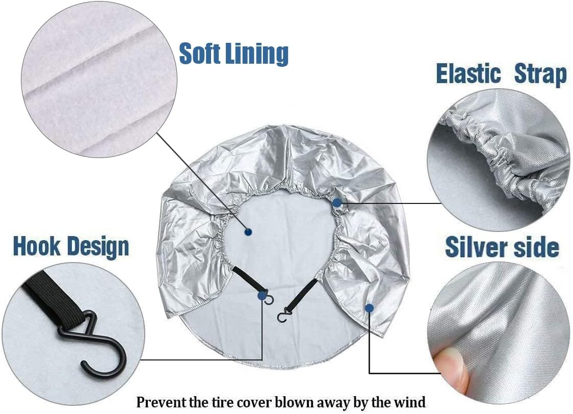Tire Covers,4Pcs Tire Cover Waterproof Dustproof Aluminum Film Anti‑Uv Tyre Spare Wheel Protector with Hooks for Car RV SUV Truck Trailer,Fit 36-39 Inch Tire Diameter/Silver image number 1