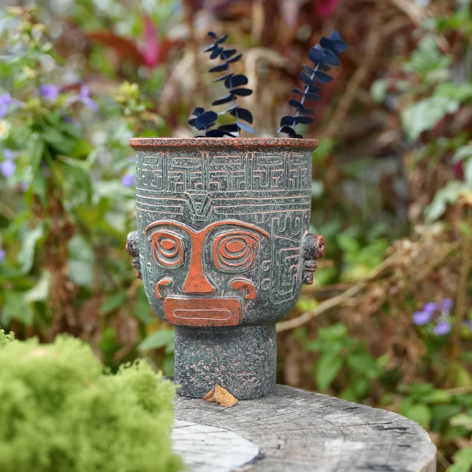 Sanxingdui Style Bronze Face Planters for Indoor Plants, 6 Inch Resin Unique Plant Pots with Drainage, Decorative Flower Pots for Plant Lover