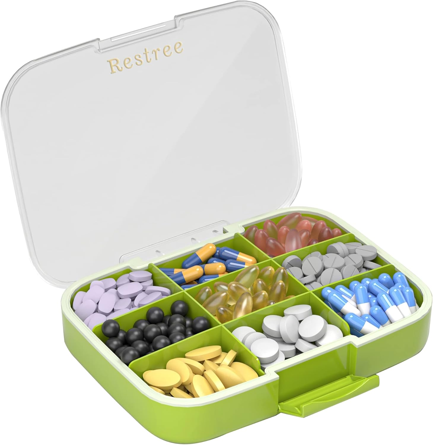 RESTREE Pill Organizer, Portable Pill Dispenser, Moisture-Proof Travel Pill Case for Vitamin, Medicine, Fish Oil/Supplements Extra Large 9 Compartments(Green)