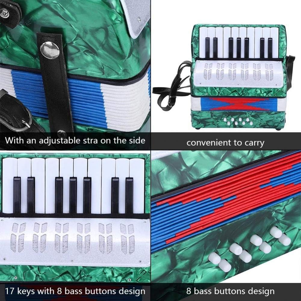 17 Keys 8 Bass Piano Celluloid Accordion, 4 Colors Portable Concertina with Side Adjustable Strap, Mini Musical Instrument Good for Beginners (Green) image number 2