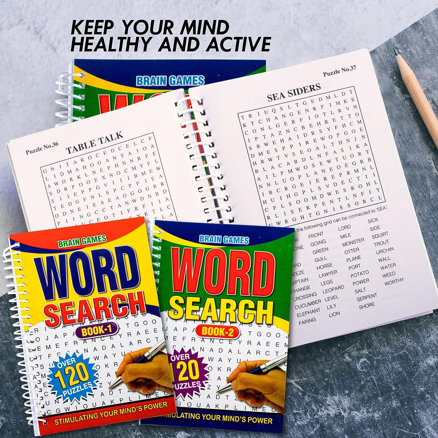 [2PCE] Office Central Spiral Word Search Puzzle Book, Eye Catching with Bright Front Covers with Large Capital Lettering and with 144 Pages of Words to Find, A5 Size