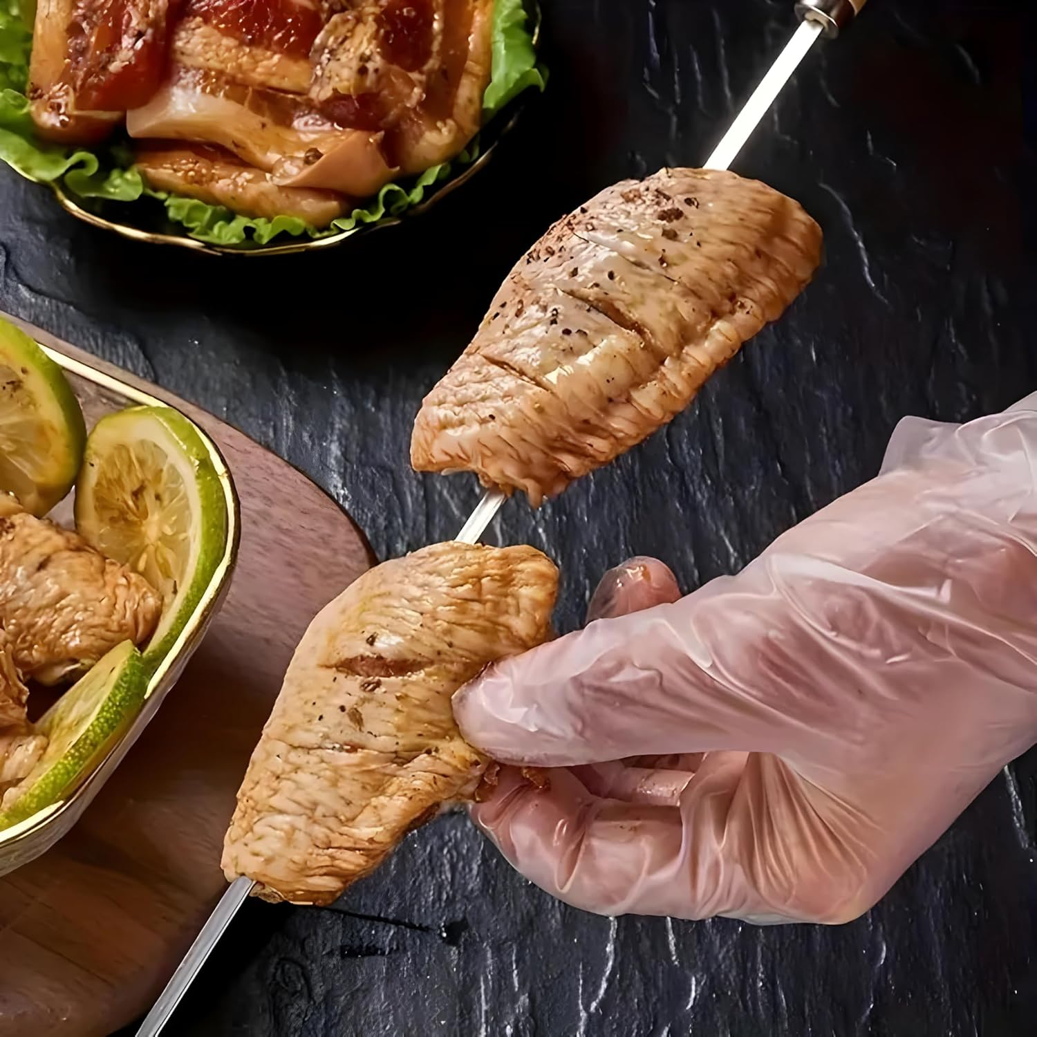 16.5 Inch Stainless Steel BBQ Skewers with Wood Handle, 6 Pack Flat Reusable Kabob Sticks for Grilling Meat, Shrimp, Chicken, Vegetables image number 3