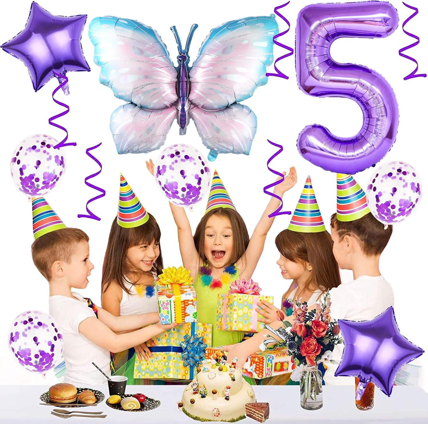 5 Years Butterfly Birthday Decoration Large Colourful Butterfly Foil Balloon 5Th Birthday Butterfly Balloon Purple Number 5 Balloon for Girls Birthday Party image number 6