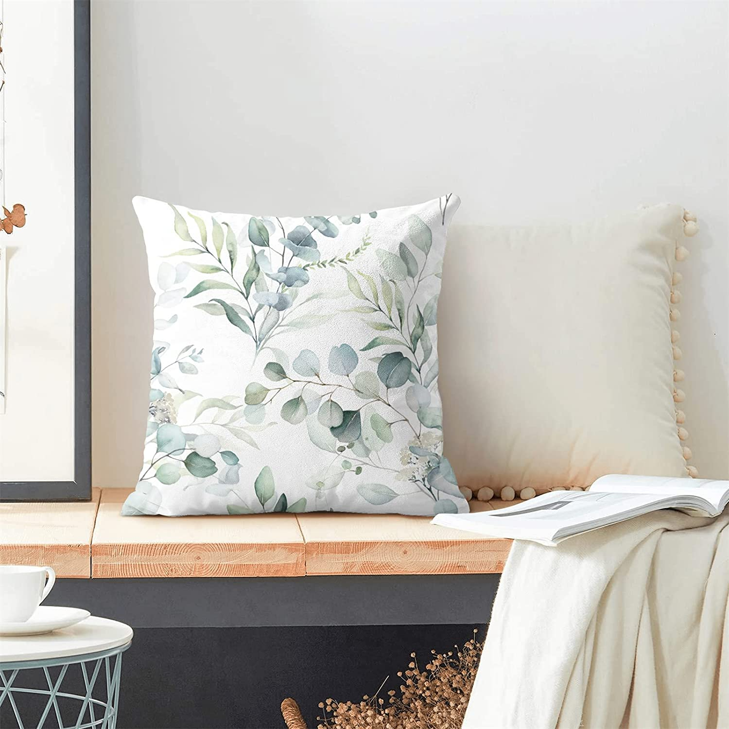 AEIOAE Spring Sage Green Pillow Covers 16X16 Inch Set of 2,Watercolor Eucalyptus Floral Throw Pillows Case,Seafoam Leaves Print Square Cushion Outdoor Leaf Decor for Home Sofa Bed (ZHH121001) image number 3