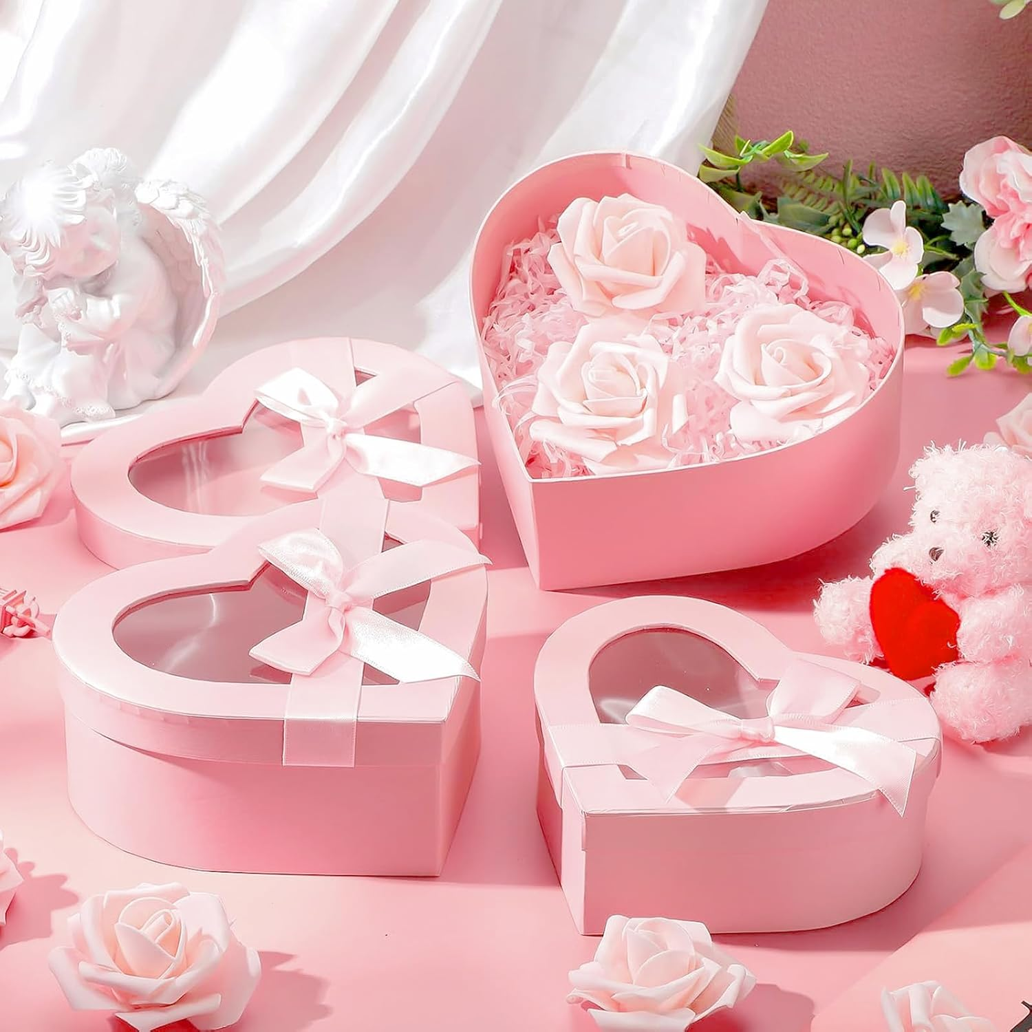 4Pcs Nesting Heart Shaped Gift Box with Clear Window Lids & Ribbons for Gifts Flower, Assorted Size Heart Gift Box Bulk for Mother'S Day Valentine'S Day Wedding Birthday Bridesmaid Proposal image number 2