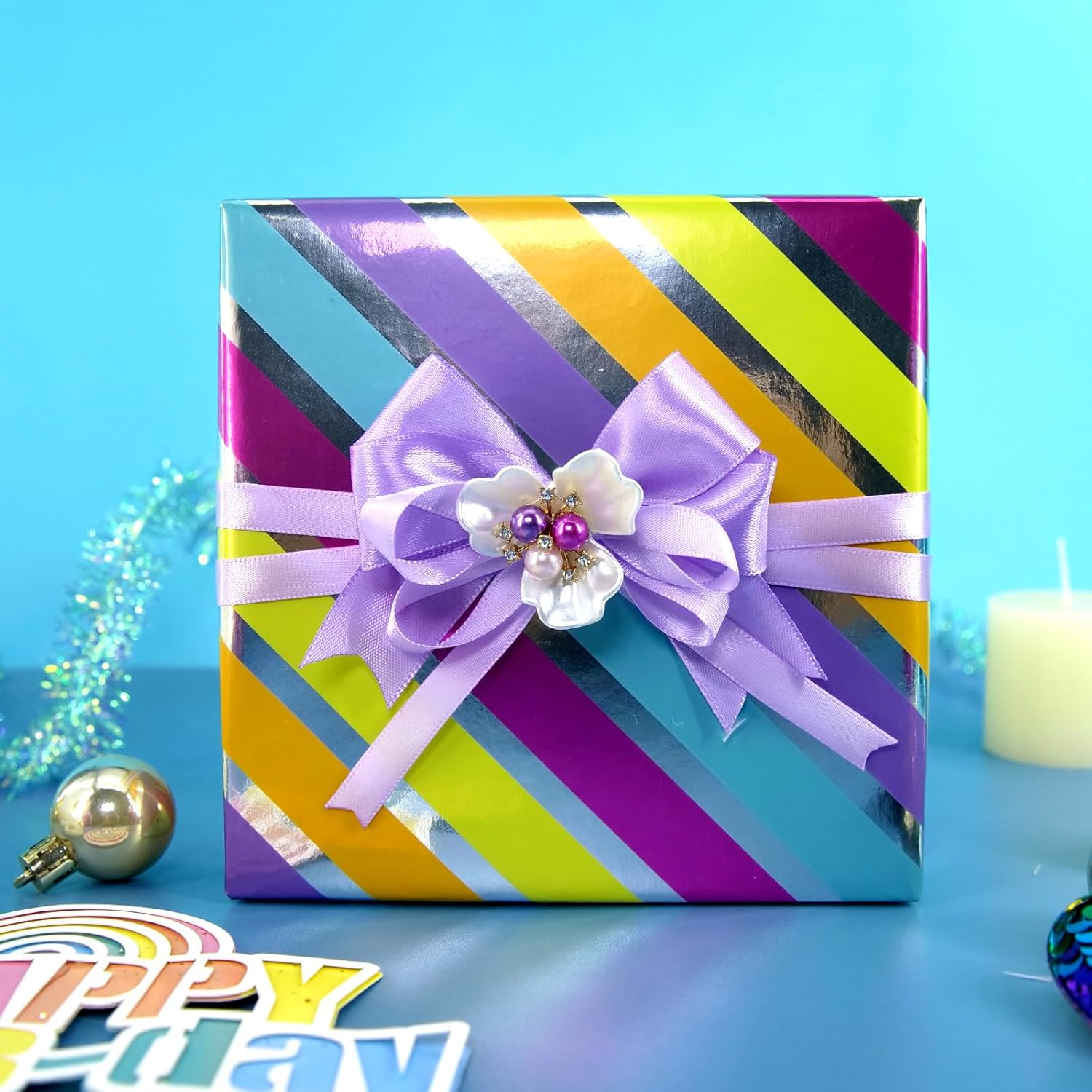 Blavermant Wrapping Paper Roll - Pink Set 3 Mini Rolls - 17In X 10Ft per Roll - Solid Metal/Rainbow/Pink Polka Dot Design (42.3 Sqft) for Party, Birthday, Wedding, Rainbow2Pink image number 2