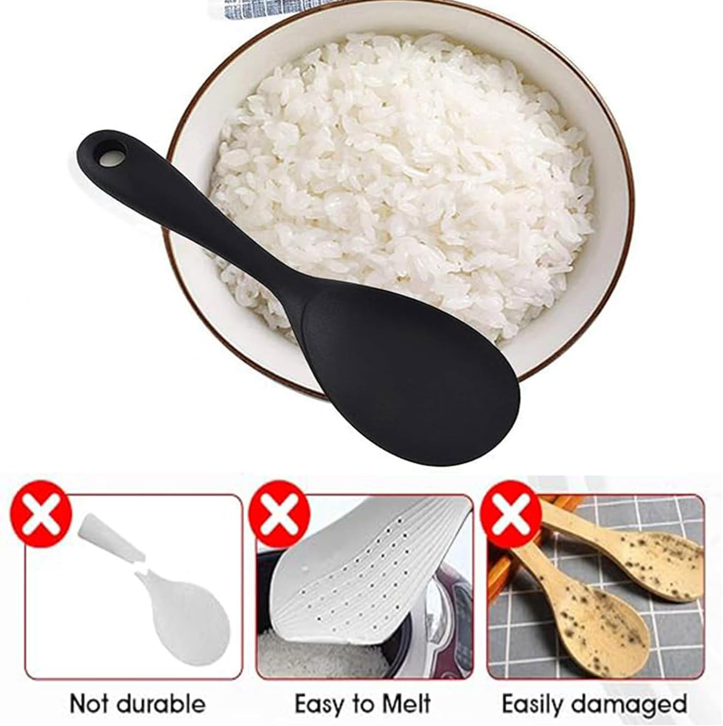 2 Pack Silicone Rice Spoons, Non Stick Heat Resistant Silicone Rice Spoons for Rice Cookers (Black)