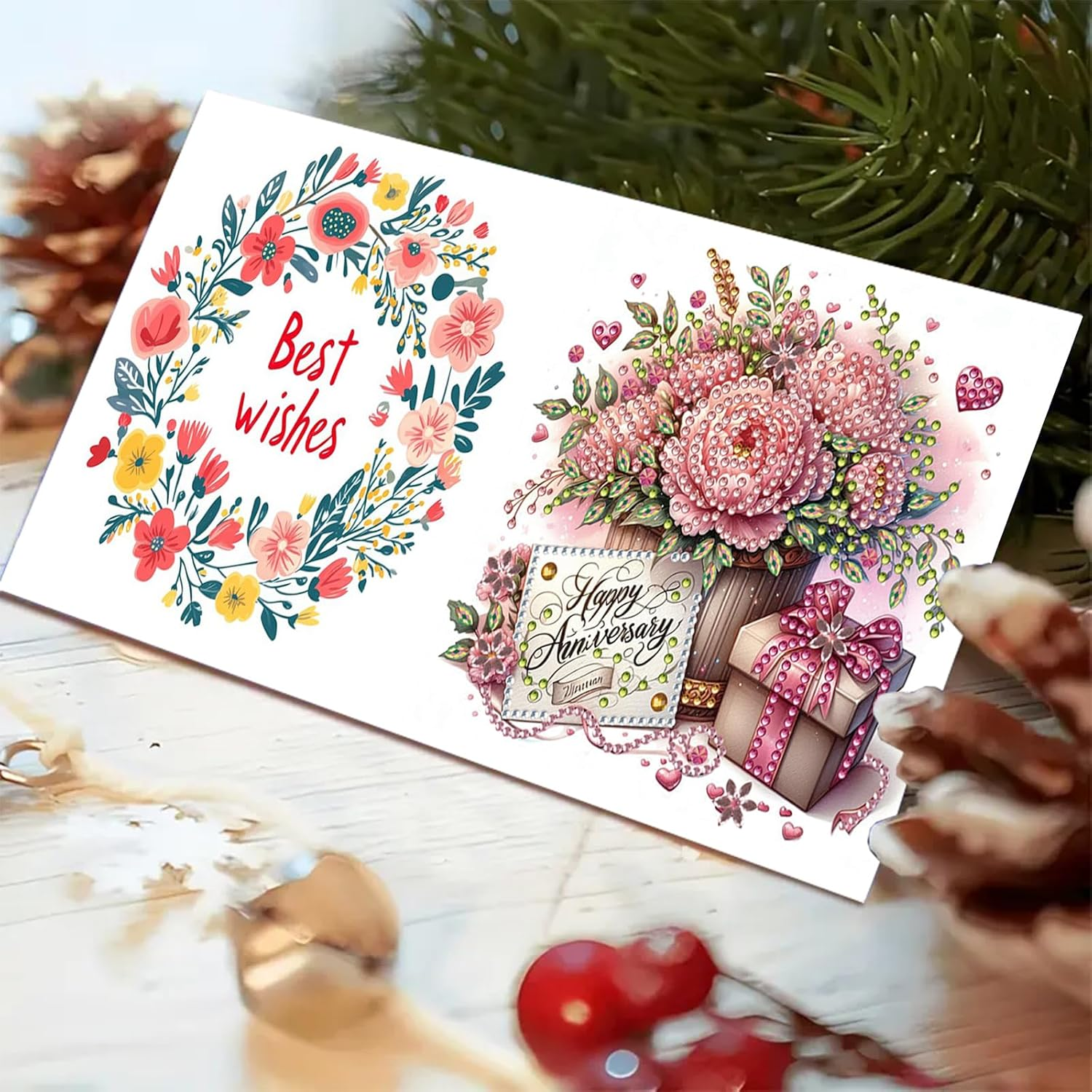 Awesocrafts 6Pcs Diamond Art Christmas Cards Kits Happy Birthday, Anniversary DIY Diamond Painting Cards Sets, 5D Crystal Art Card with Envelopes, Postcards for Handmade, Xmas 30 * 15Cm (Happy) image number 5