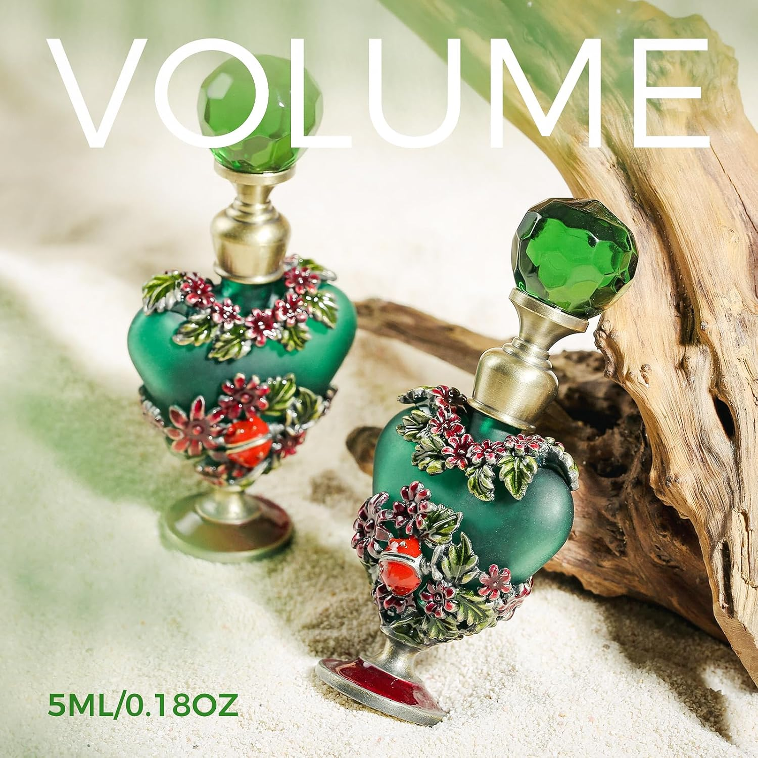 5ML Vintage Heart-Shaped Glass Perfume Bottle Empty Refillable Mini Decorative Fragrance Container for Essential Oil Home Decor Lady Wedding Gift, Dark Green image number 1