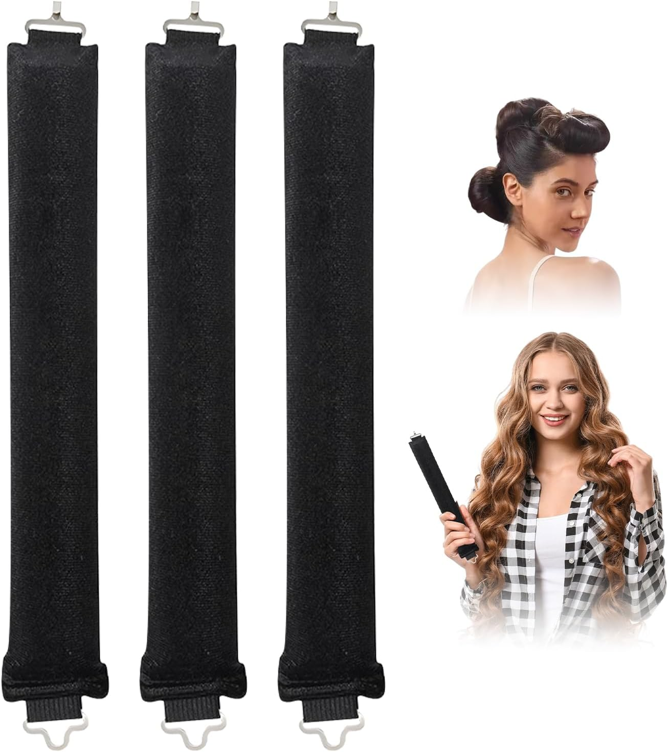 Overnight Curlers, 3 Pieces Soft Velvet Heatless Curls Band, Hair Curler No Heat, Overnight Curls, Curls without Heat for Long Short Hair, Straight or Curly Hair (Black)