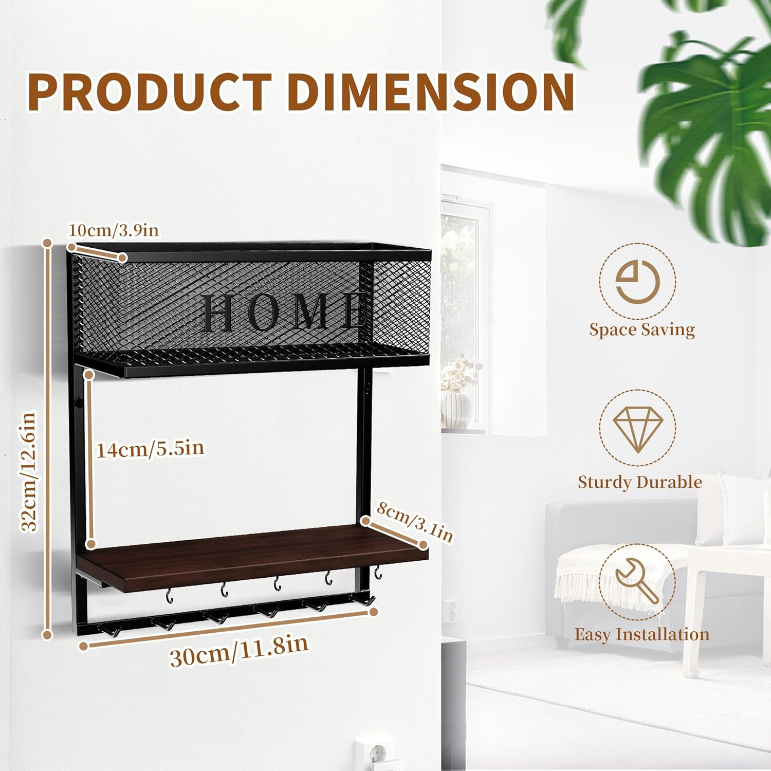 Mail and Key Holder Wall Mount - Entryway Organizer with Metal Hanger, Wooden Shelf, 11 Hooks - 4 in 1 Rack for Home Decor (Black) image number 5