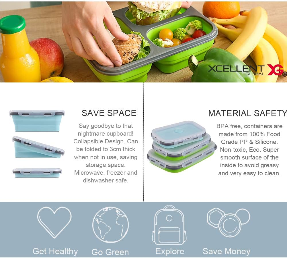Xcellent Global Collapsible Silicone Food Storage Containers 4 Pack Lunch Bento Box BPA Free for Outdoor Camping, Hiking, Picnic CP012 image number 5