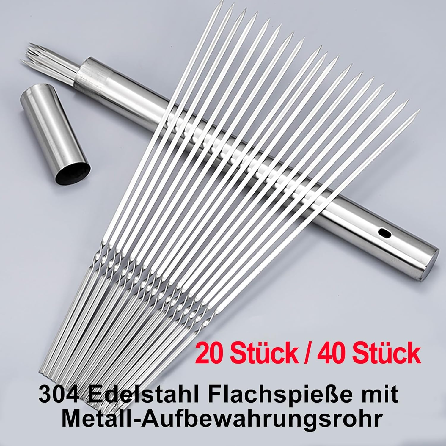 WILLBBQ 304 Stainless Steel 13.2" Long Flat Barbecue Skewers,20Pcs/40Pcs BBQ Kebab Skewers with Portable Metal Storage Tube,Reusable for Grilling Barbecue Kitchen Party and Outdoor Cooking (20PCS) image number 3