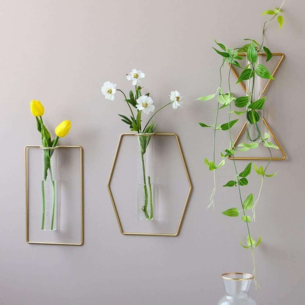 Nordic Hanging Wall Vase Geometric Gold Vase Metal Glass Vase Hydroponic Flower Vase Decorative for Centerpieces Farmhouse Wedding Home(Gold-R) image number 5