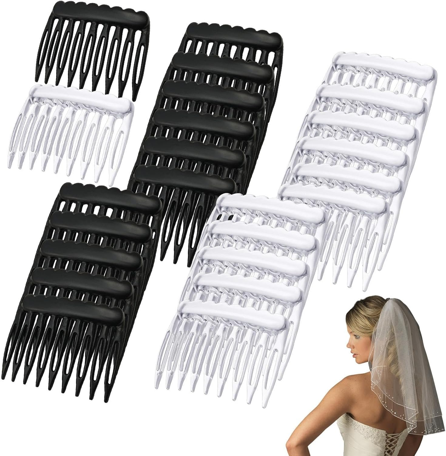 24-Piece Decorative Hair Combs - Classic French Twist Style Accessory, Black and Transparent Side Styling Hair Combs | Veil Combs, French Hair Comb for Daily Hair image number 1