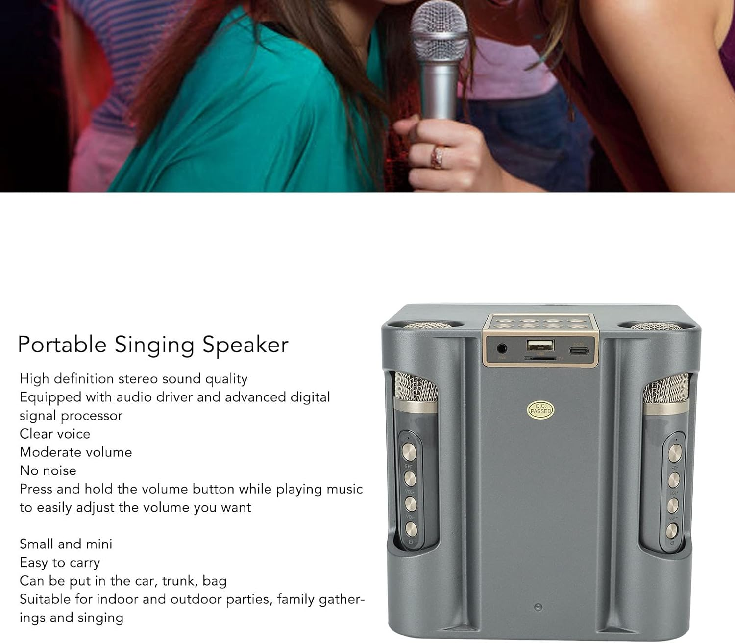 Karaoke Machine with 2 Wireless Microphones, Portable Speaker PA System, Supports TF USB, Sound Stereo Singing Machine for Home Meeting Party image number 6
