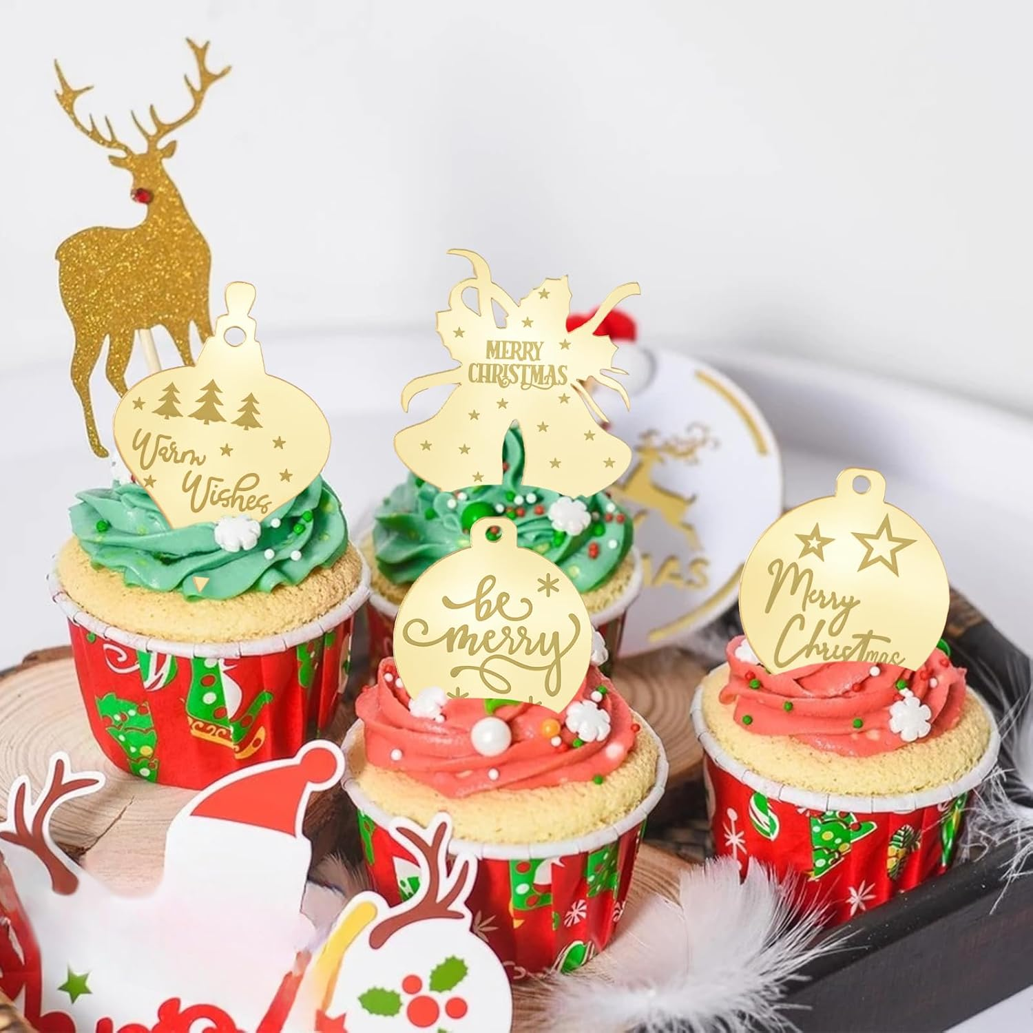 Christmas Cake Topper, 24Pcs Golden Mirror Irregular Merry Christmas Acrylic Cupcake Picks Christmas Themed Cake Discs for DIY Cake Charms image number 5