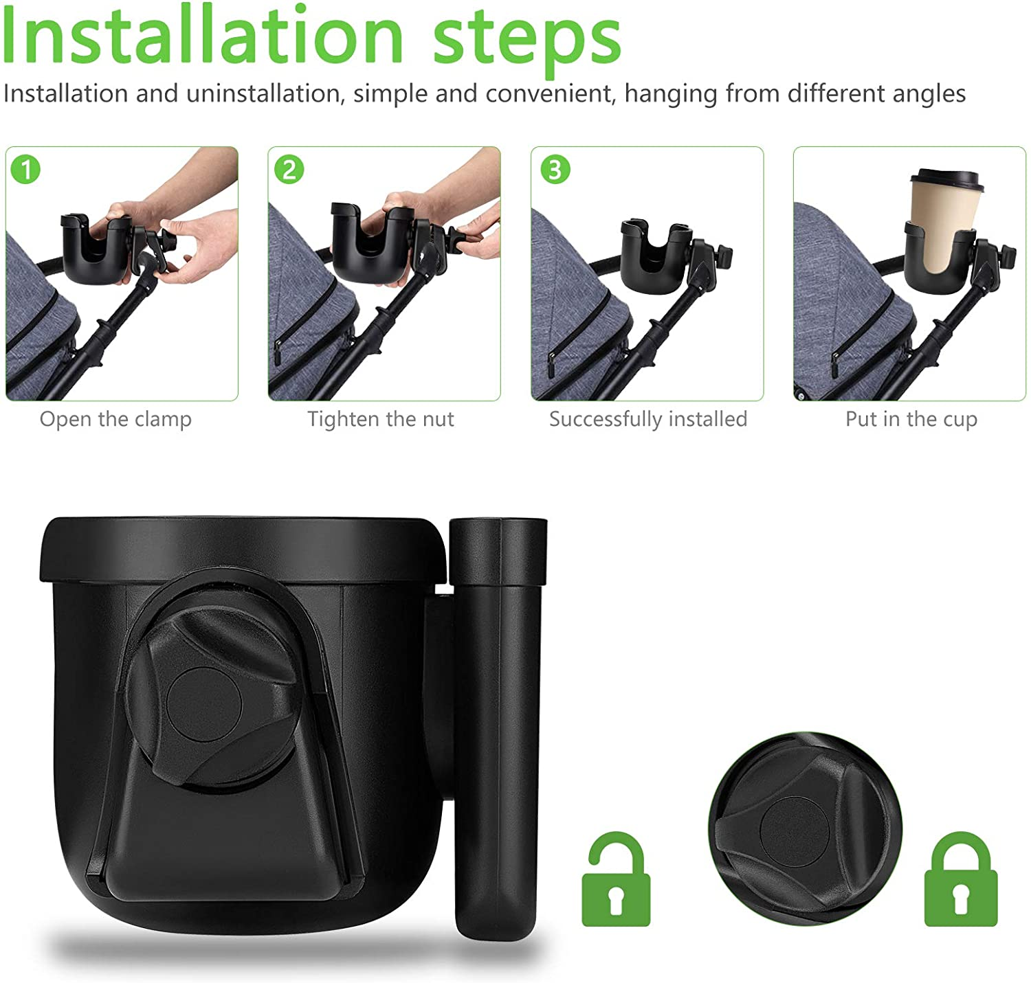 Universal Stroller Cup Holder, 2 in 1 Drink Holder with Phone Holder for Uppababy, Nuna,Buggy Pushchair, Wheelchair, Walker, Bike, Scooter(Black)