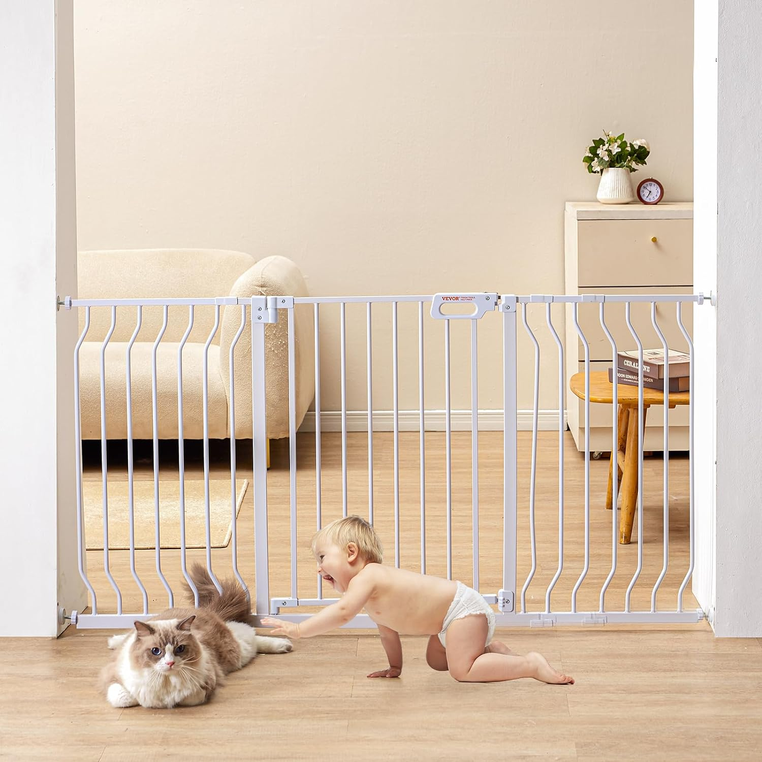 VEVOR Baby Gate, 749-1417 Mm Extra Wide, 762 Mm High, Dog Gate for Stairs Doorways and House, Easy Step Walk Thru Auto Close Child Gate Pet Security Gate with Pressure Mount and Wall Mount Kit, White image number 5