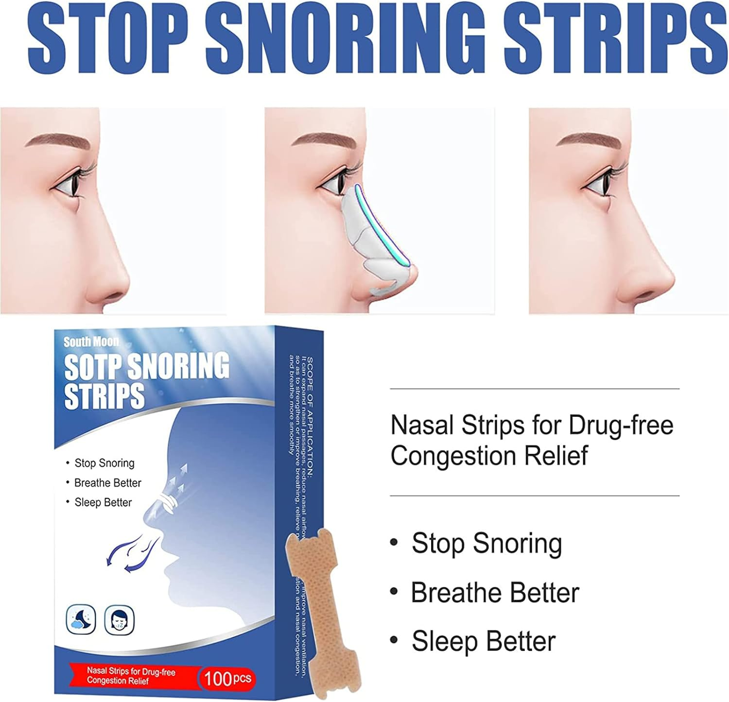 Nasal Strips for Snoring, Large 100 Pack - Extra Strength anti Snoring Solution for Men, Women -Snore Less - Stuffy Nose Relief for Congestion Clears Air Way to Breathe Better - Sleep Right image number 1