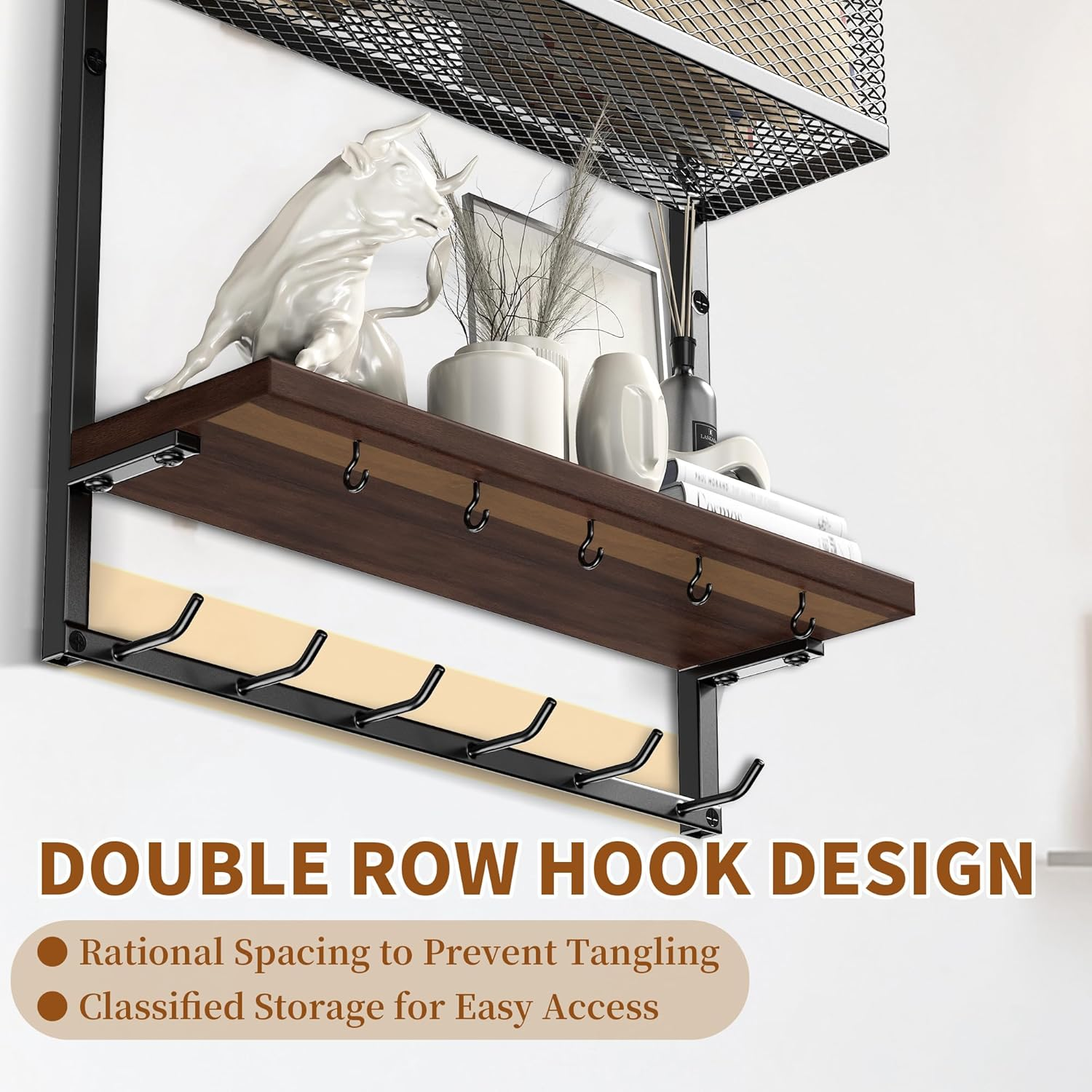 Mail and Key Holder Wall Mount - Entryway Organizer with Metal Hanger, Wooden Shelf, 11 Hooks - 4 in 1 Rack for Home Decor (Black) image number 1