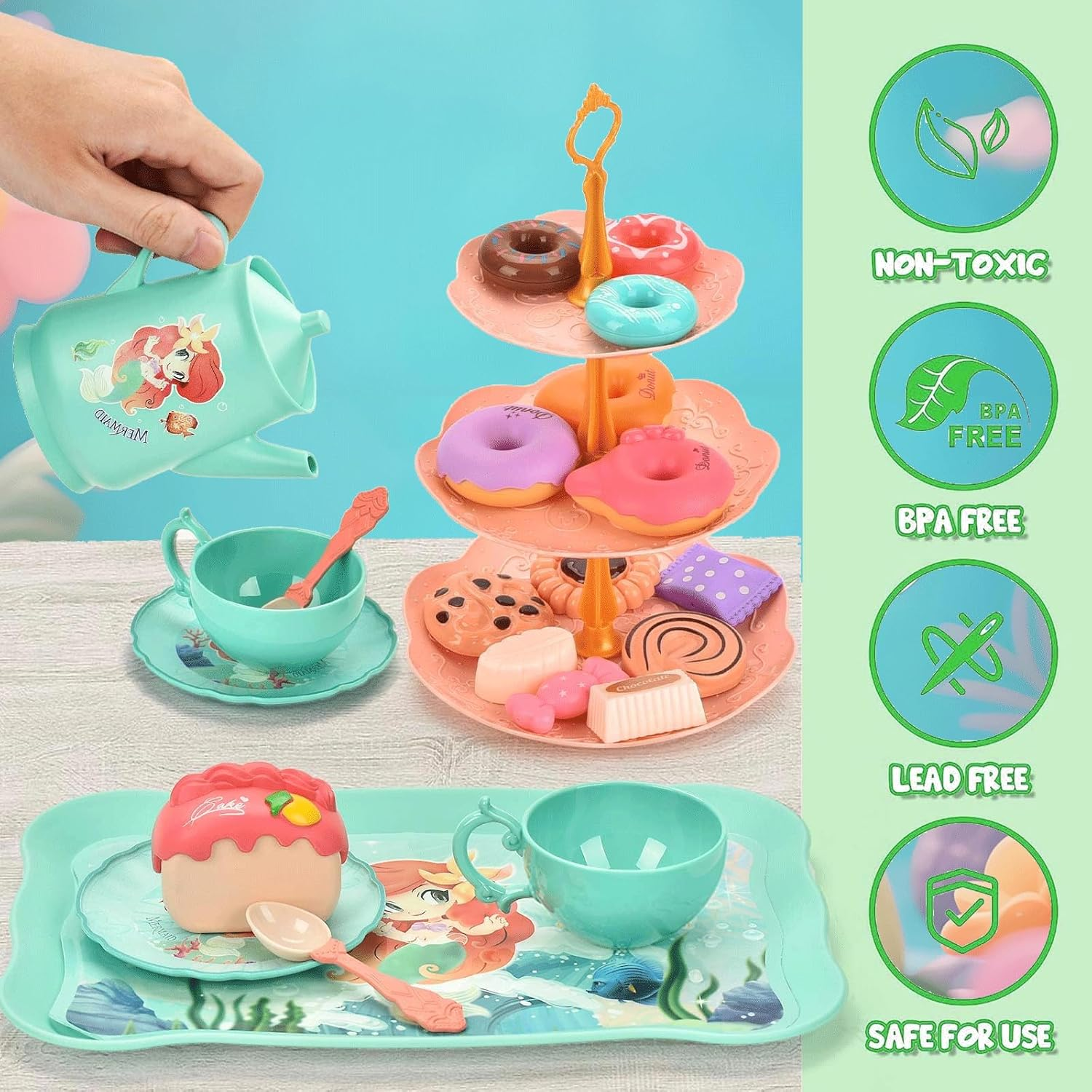 Mermaid Tea Party Set for Little Girls, 44PCS Food Sweet Treats Playset for Princess Tea Time Play Kitchen Toys Birthday Gifts for Age 3 4 5 6 Year Old Girls,Pretend Tin Teapot, Cups, Plates image number 4
