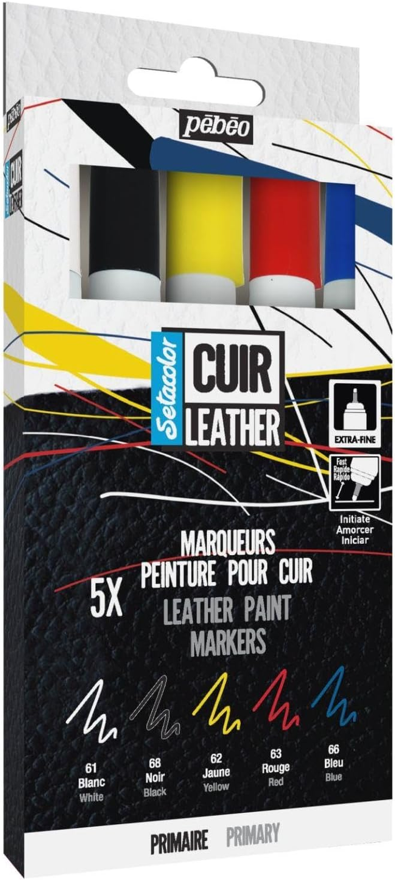 Pebeo Water-Based Acrylic Markers, for Customizing and Repairing Leather and Synthetic Leather Products, Setacolor Leather Markers, Primary Colors (Red, Blue, Yellow, White, Black) Set of 5 Colors image number 4