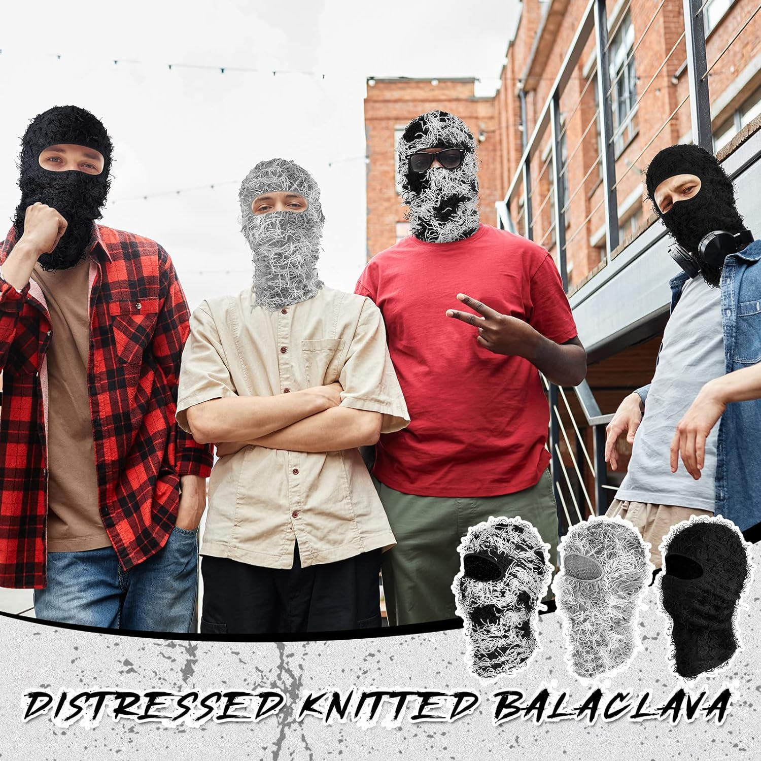 Newcotte 3 Pcs Distressed Balaclava Full Face Ski Mask Cool Knitted Balaclava Windproof Ski Mask for Men Women Cold Weather - Black, Dark Gray, Army Green image number 7