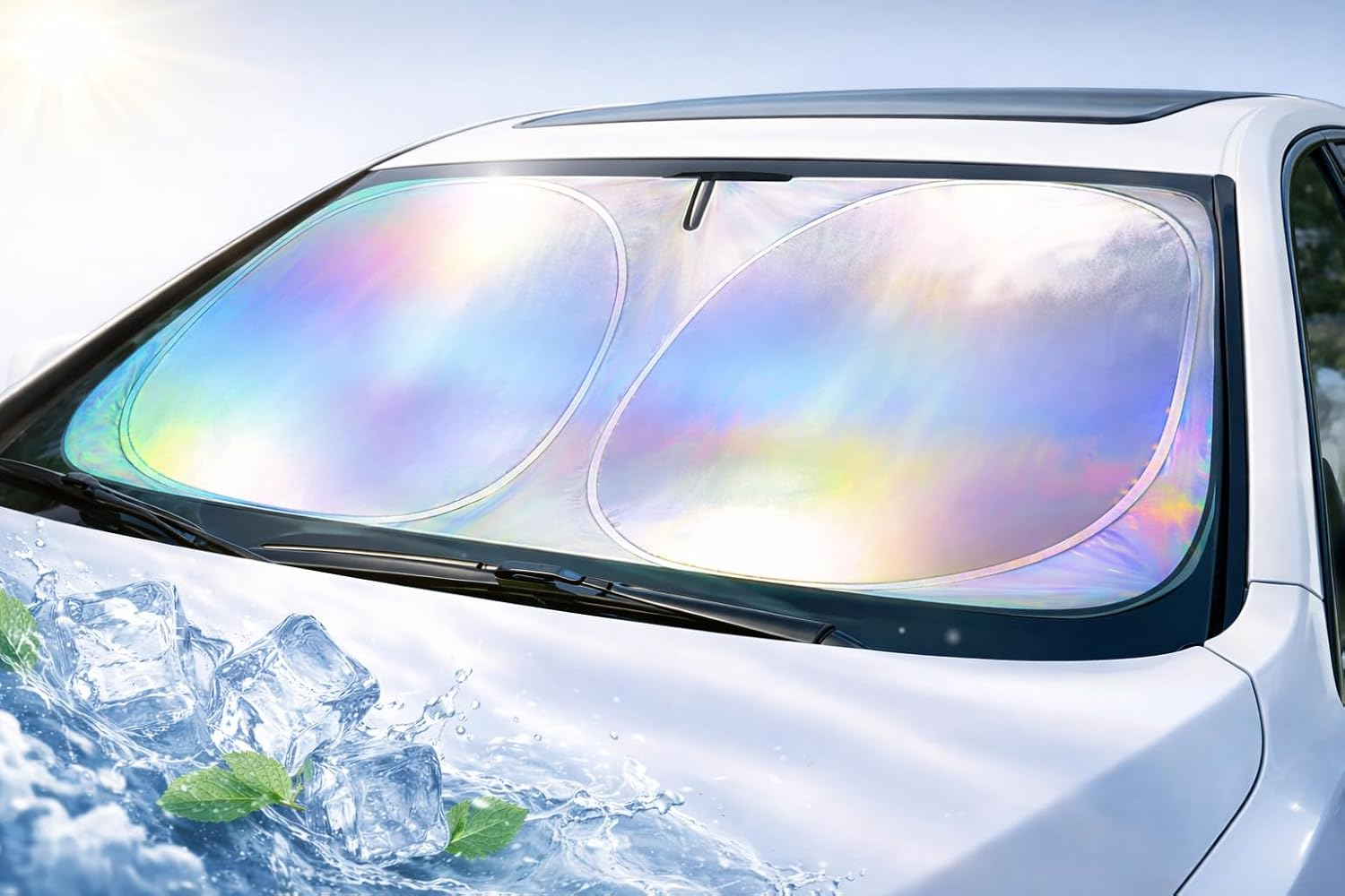 Magnelex Car Windshield Sunshade with Bonus Steering Wheel Sun Shade. Reflective Polyester Blocks Heat and Sun. Foldable Sun Shield That Keeps Your Vehicle Cool (XL 57X 35.4 In) image number 1