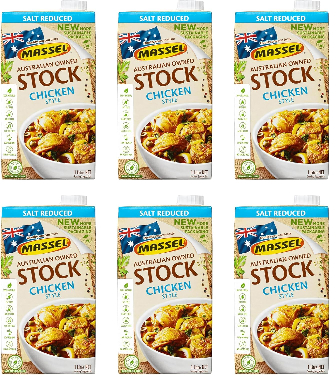 Massel Salt Reduced Chicken Style Liquid Stock - 6 X 1 Litre Carton | Plant Based, Low FODMAP, Gluten Free, Dairy Free, Trans Fat Free, No Added MSG, Vegan Friendly | Stock Powder/Cube Alternative image number 1