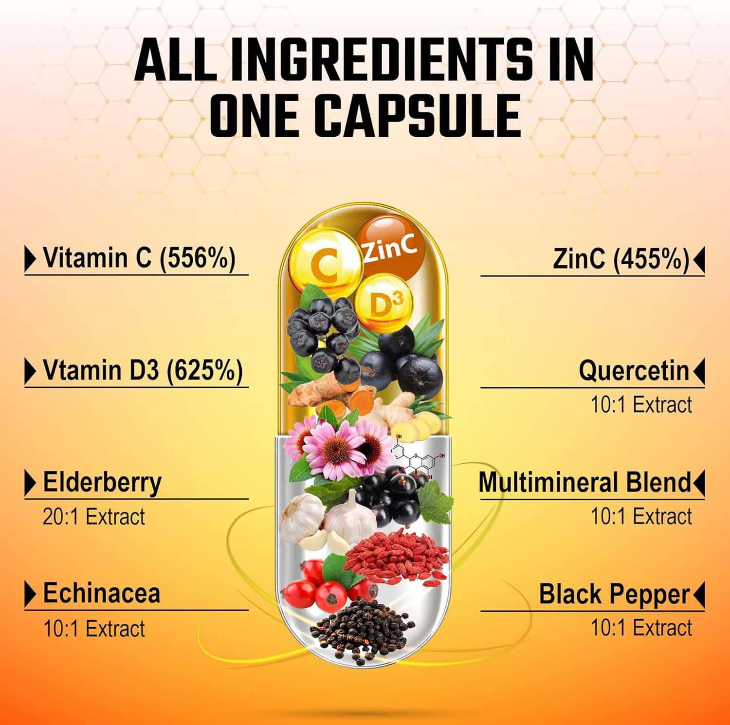 Supplement | Antioxidant Immune Boosters for Adults - Elderberry 4000Mg Echinacea 1000Mg Quercetin 500Mg with Zinc Vitamin C Turmeric Curcumin image number 4