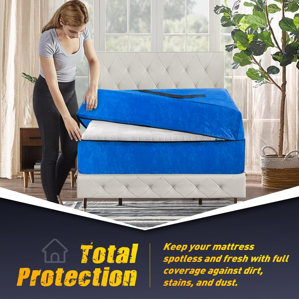 Mobi Mattress Bag for Moving & Storage, King Single Mattress Protector with 8 Handles & Wide-Opening Zippers, Reusable Mattress Cover & Moving Bag, Blue, 207X110X38Cm image number 5
