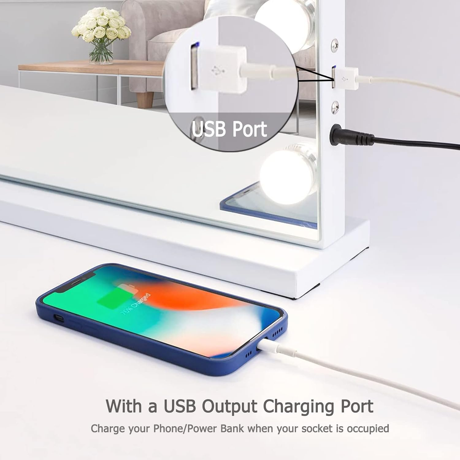 Hansong Vanity Mirror with Lights and Bluetooth Extra Large Hollywood Makeup Mirror with 18 Pcs LED Bulbs Lighted Vanity Makeup Mirror with USB Charging, 3 Color Lighting Modes Tabletop or Wall Mount image number 6