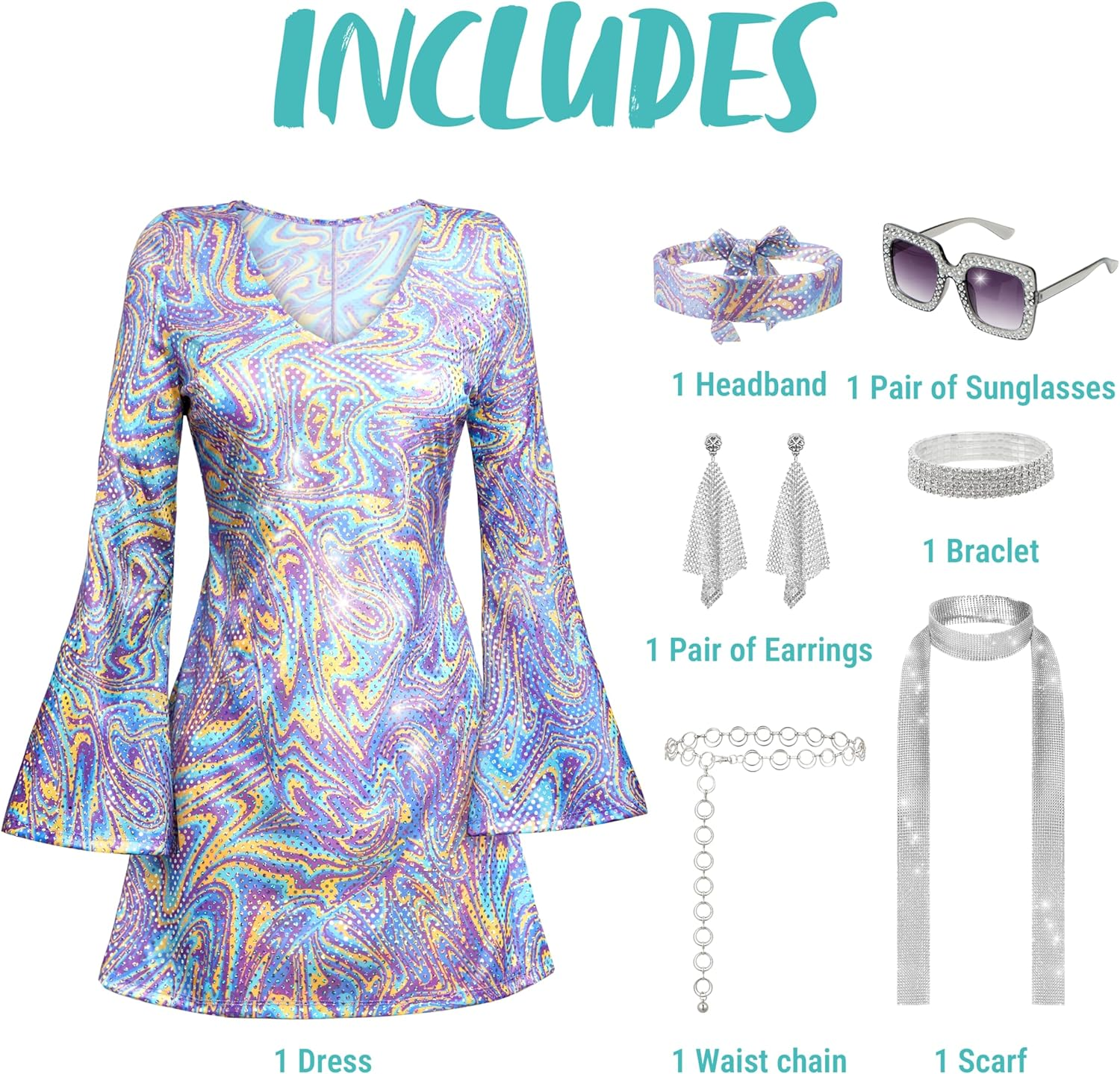 Spooktacular Creations 70S Costumes Women, Halloween Disco Dress with 70S Accessories for Halloween Costumes Dance Party image number 5