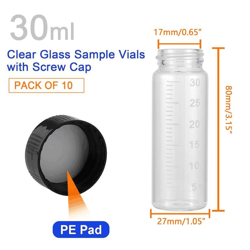 Kesell 10 Pack 30Ml (1 Oz) Glass Sample Vial Clear Graduated Measuring Bottles Empty Reusable Liquid Vials with Plastic Screw Cap and 10 Funnels image number 0