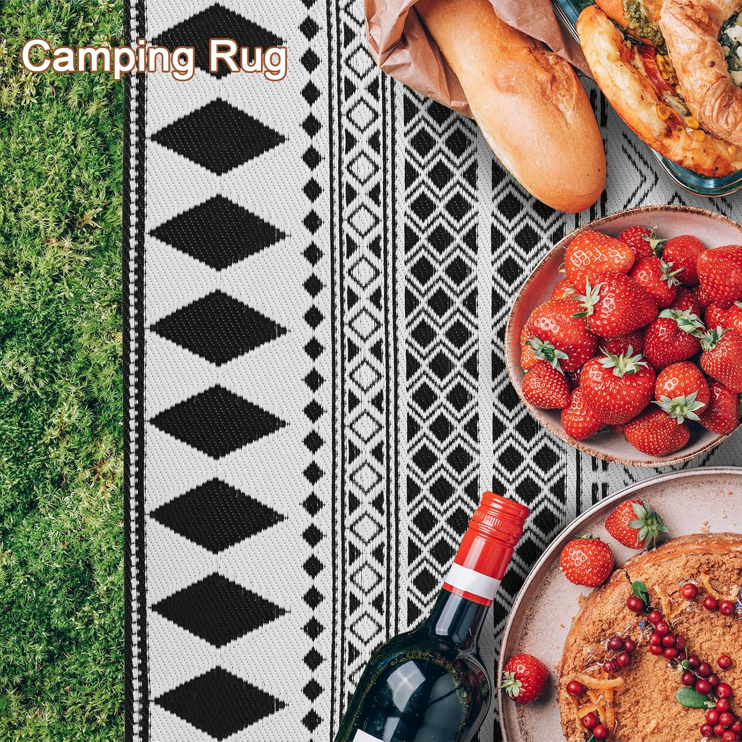 Outdoor Rug Patio Rugs Picnic Rug Waterproof Lightweight Plastic Straw Camping Outdoor Mat 152X244Cm for RV Courtyard Backyard Deck Balcony Garden Porch (Black&White) image number 2